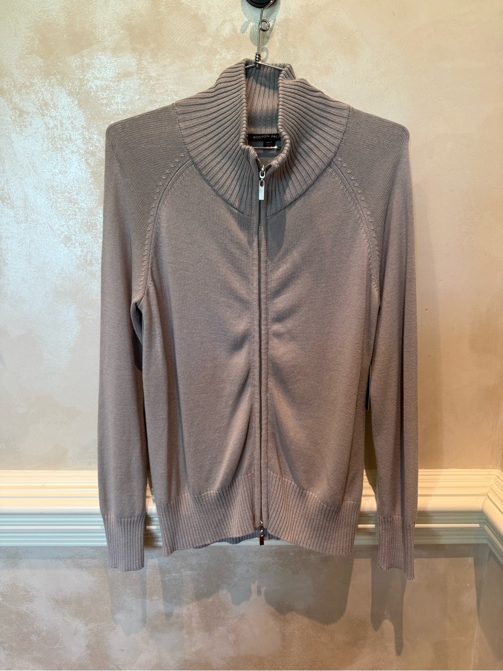 Boston Proper Full-Zip Ribbed Collar Sweater - Gray